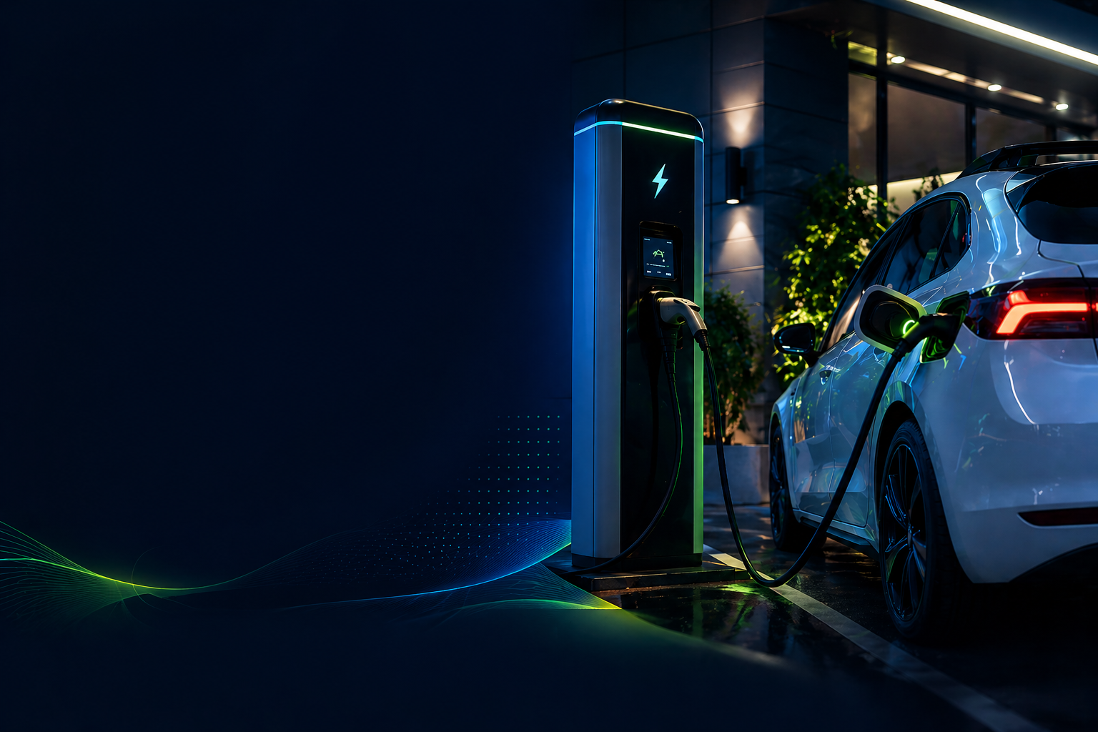 Infraestructura eléctrica moderna con iluminación azul y verde para hero de servicios de Aura Electric
