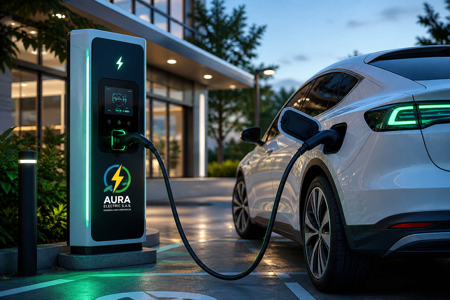 Carro eléctrico junto a punto de carga