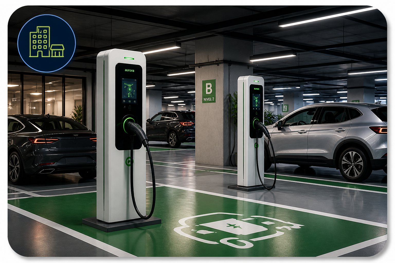 Infraestructura comercial de carga EV en entorno empresarial